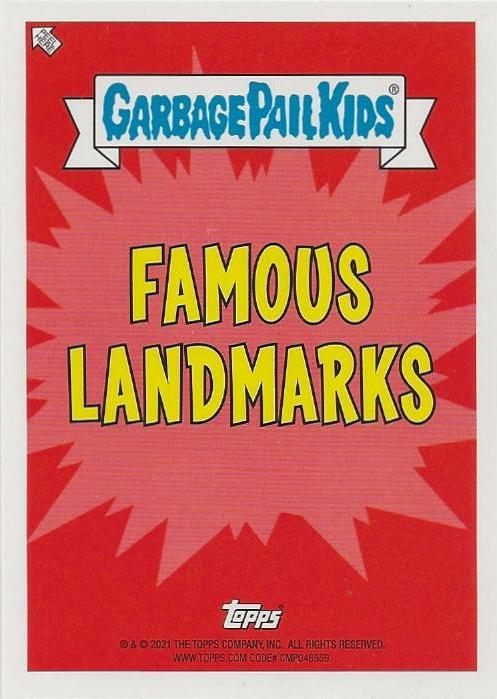 Garbage Pail Kids trading card pack featuring 'Famous Landmarks' on a red background.