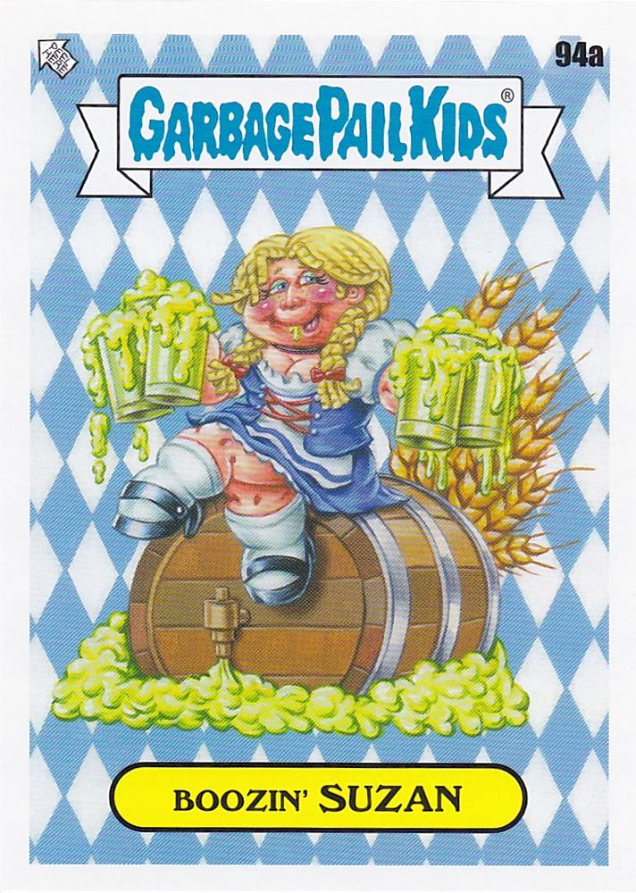 Garbage Pail Kids card featuring 'Boozin' Suzan' on a blue and white checkered background.
