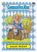 Garbage Pail Kids card featuring 'Boozin' Suzan' on a blue and white checkered background.
