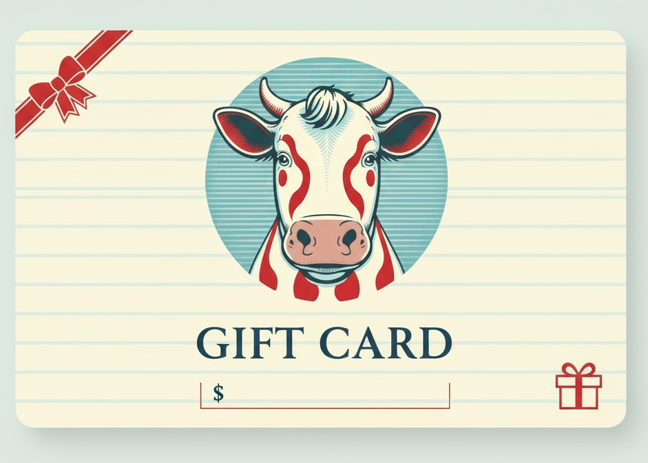 Cartoon cow face with red and black markings on a blue striped background