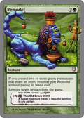 Card featuring a blue creature with garden elements on a green background