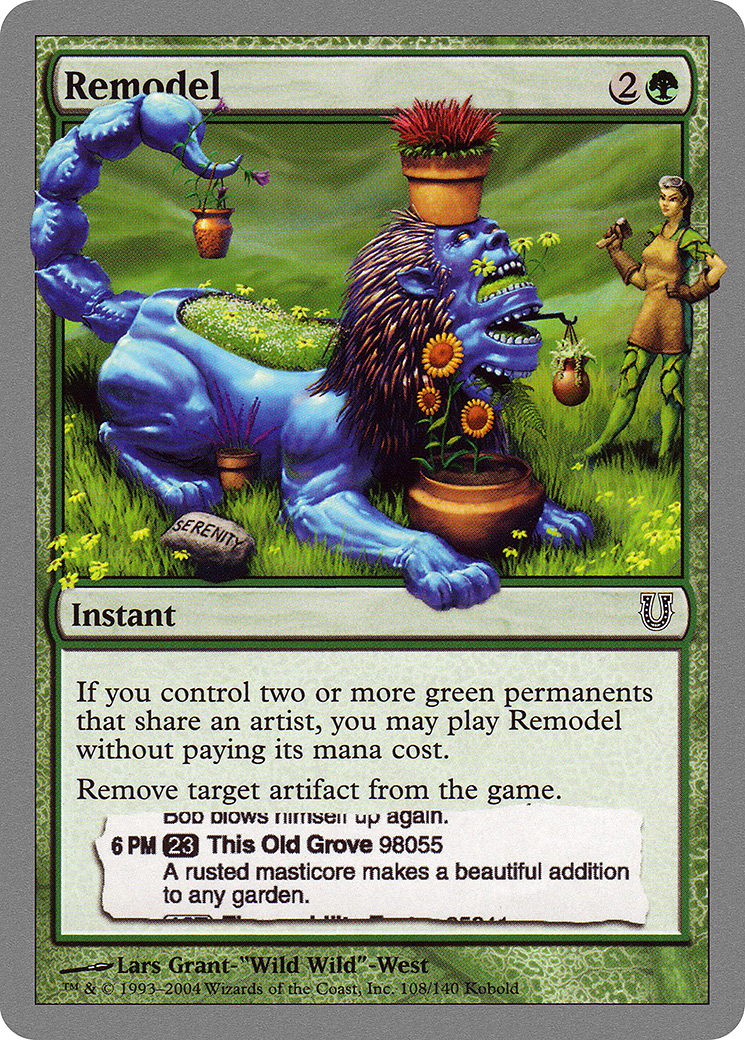 Card featuring a blue creature with garden elements on a green background