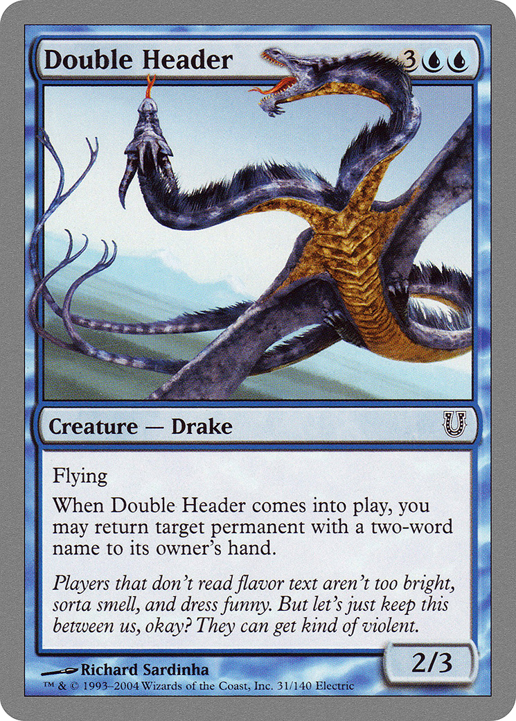 Fantasy card featuring a creature named 'Double Header' with game text and artwork.