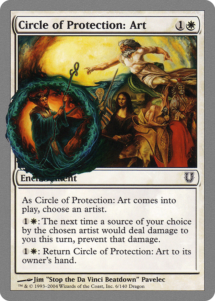Card featuring artwork with a central figure and text about 'Circle of Protection: Art'.