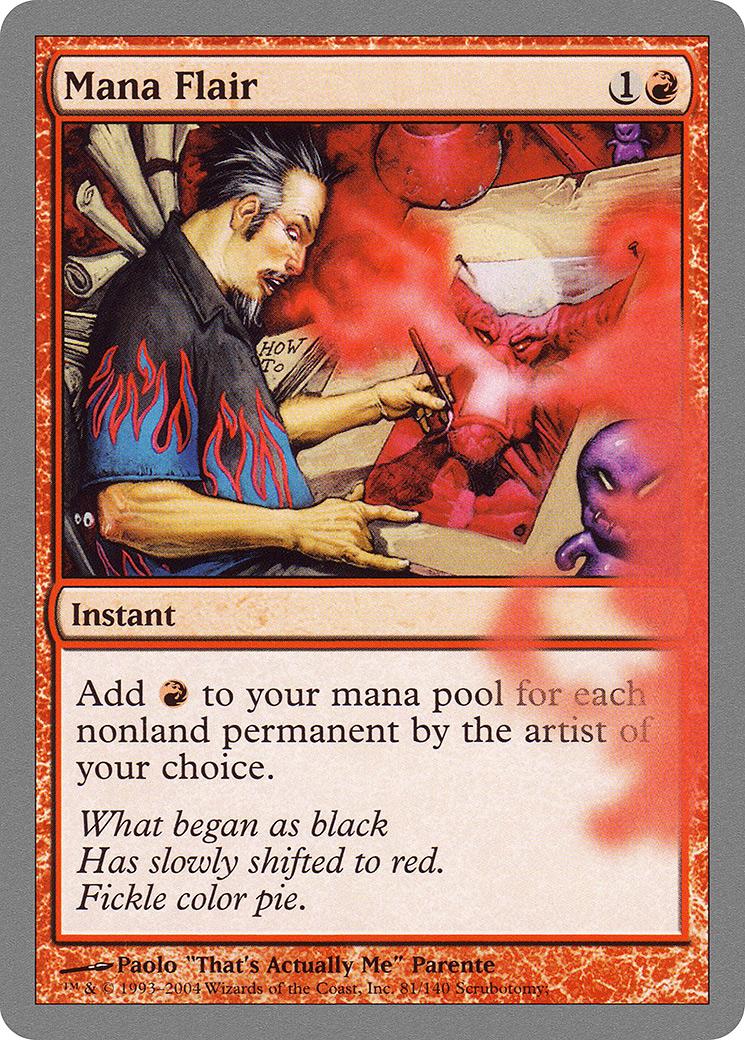Card featuring an illustration of a character with red flames and text on a red border