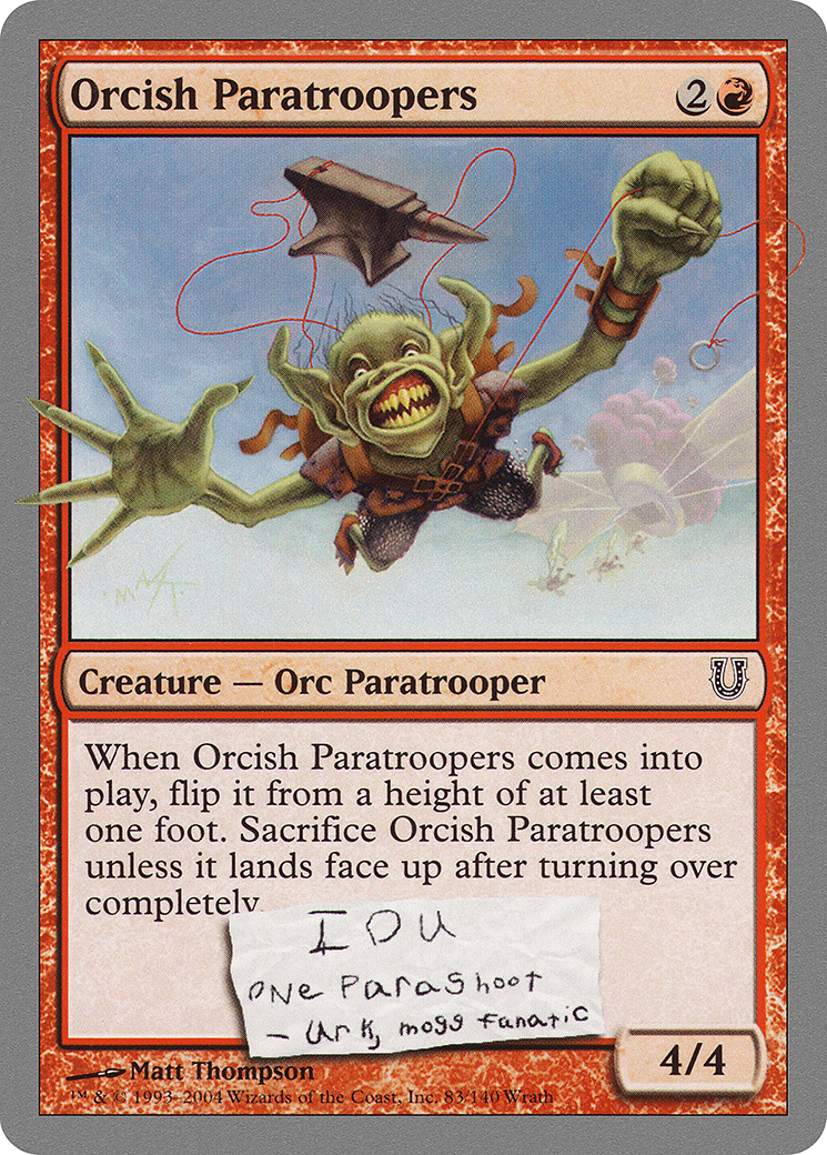 Orcish Paratroopers card from a collectible card game with an orc character and text.
