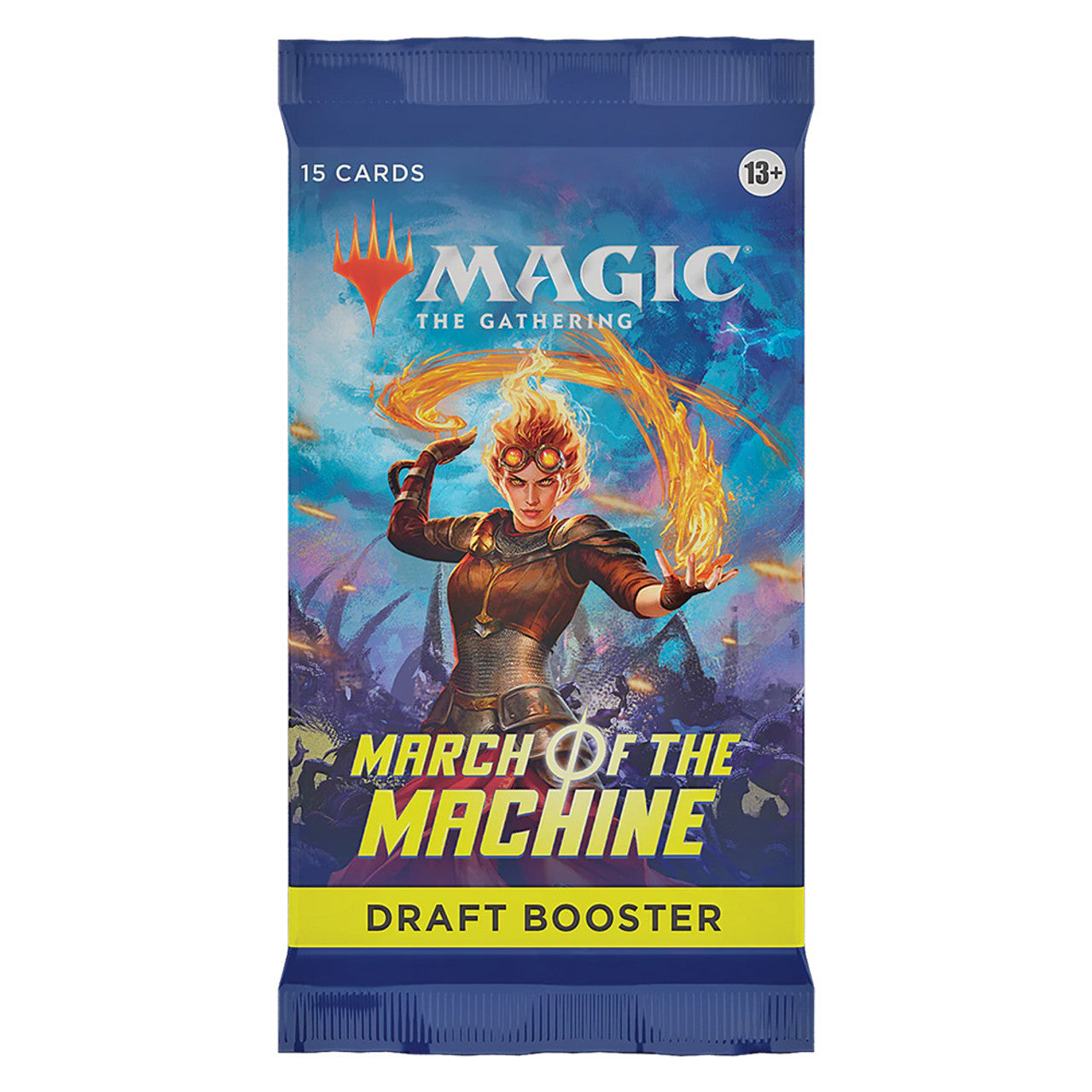 Pack of 'Magic: The Gathering' trading cards featuring a character with flames and the text 'March of the Machine'.