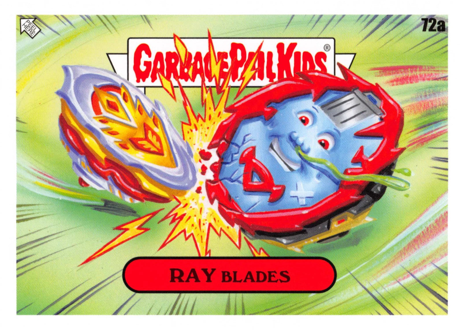 Garbage Pail Kids card with two colorful characters and 'Ray Blades' text on a dynamic background.