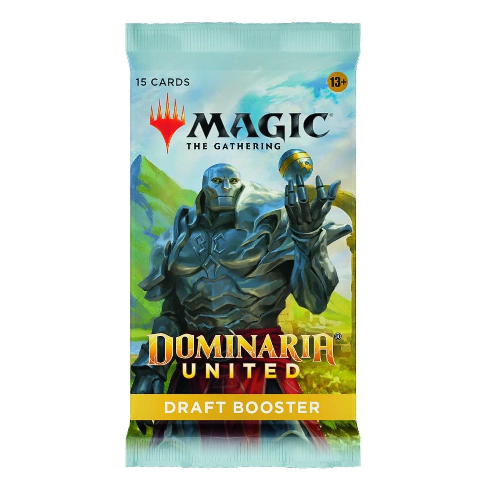 Magic: The Gathering Dominaria United Draft Booster pack with a character holding a crystal.