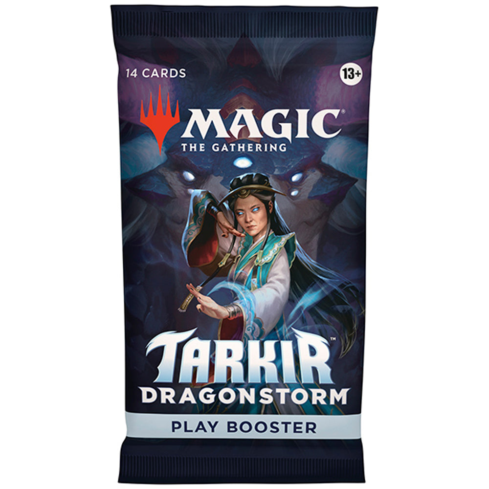 Card game booster pack for 'Magic: The Gathering' featuring Tarkir Dragonstorm on a white background.